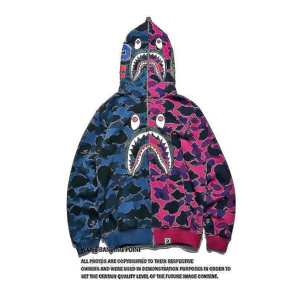 Bape Fashion Stitching Halvblå Halv Rød Hooded Shark Sweatshirt/yt CNMR S