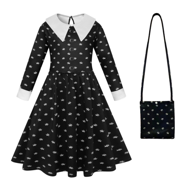 Onsdag Addams Kostume Piger Halloween Langærmet Kjole + Taske 150cm