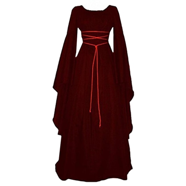 Halloween Heks Kjole Puff Sleeve Rund Hals Kjole til Fest Wine red L