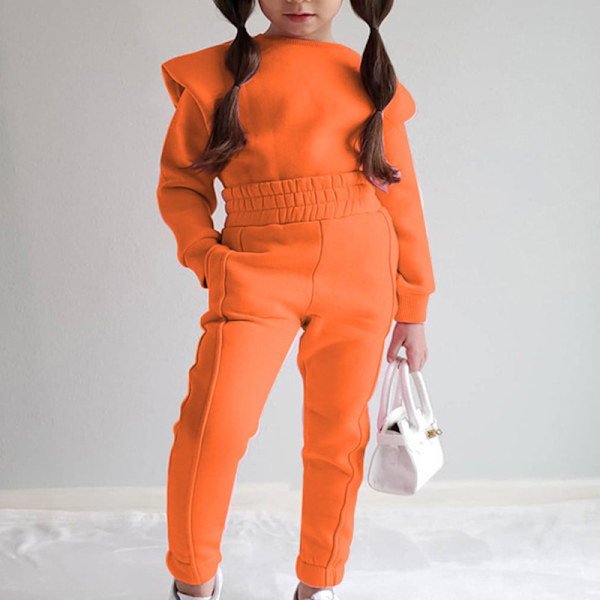 Tjejer med fickor 2 delar klädsel Enfärgade Sweatsuits Set V Orange 130cm