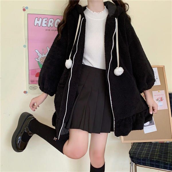 Damer Sød Bunny Ear Hoodie Fuzzy Fluffy Kanin Sweater Sweatshirt Pullover Toppe Langærmet Kawaii Jakke Frakker sort XL black xl