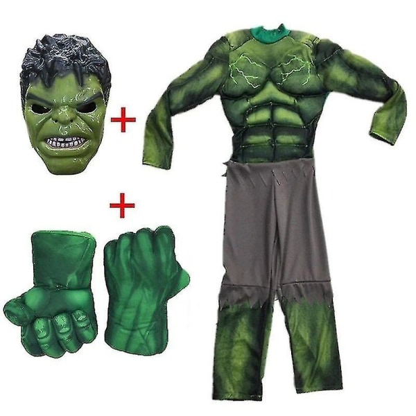2023 Barn Grön Giant Hero Muscle Halloween Kostymer Fancy Pojkar uperhjältar Karneval Cosplay Kläder Mask Barn Julklappar gloves y gloves S