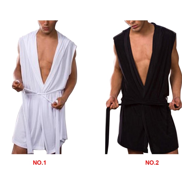 Silkeslen badrock för män Pyjamas Huvrock Sovkläder Ärmlös White M