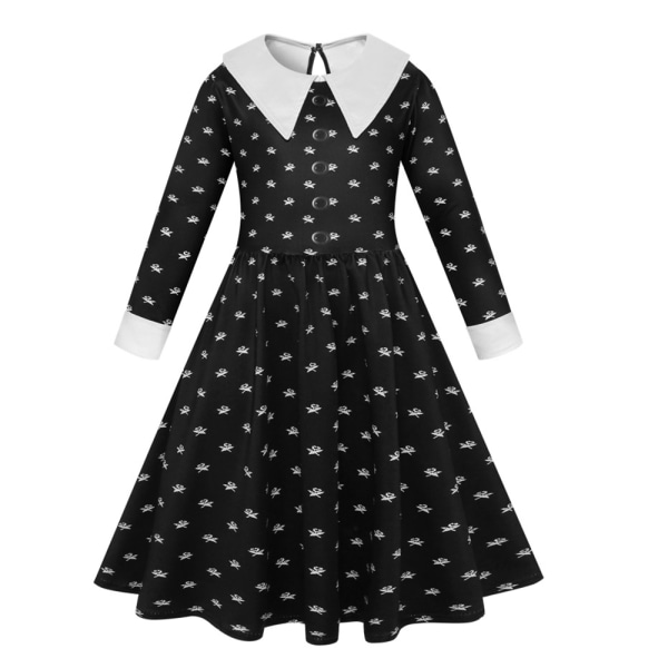 Onsdag Addams Kostume Piger Halloween Langærmet Kjole + Taske 130cm