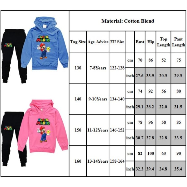 Drenge Piger Super Mario Hoodies Træningsdragter Topper+Joggingbukser Sæt Z X sort V black 130cm