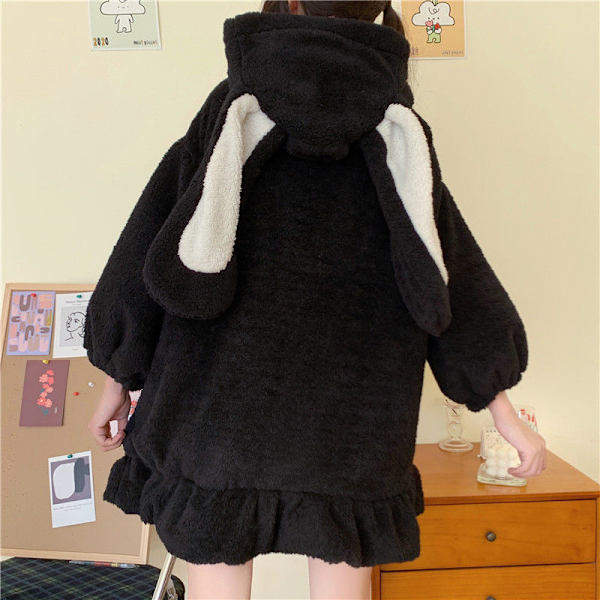 Damer Söt Bunny Ear Hoodie Fuzzy Fuffy Rabbit Sweater Sweatshirt Puover Toppar Långärmad Kawaii Jacka Coats svart L black l