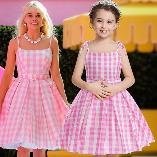 2023 Barbie Film Margot Robbie Barbie Rosa Rutig Lang Kjole Outfits Cosplay Kostume Prinsesse Pigekjole -a 140cm