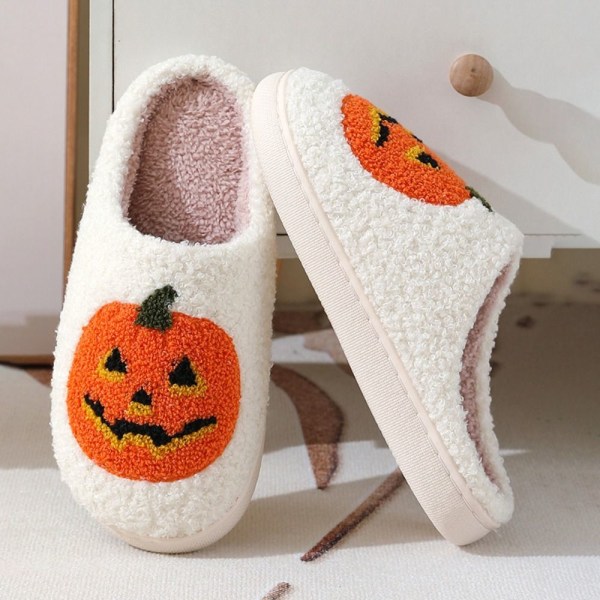 1 pari pehmeitä Halloween-kurpitsatossuja Comfort Closed Toe Flat Tofflor valkoinen Z valkoinen v white 35-36