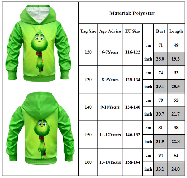 Grinch-hettegenser for gutter, jenter, julekostyme.k 150cm