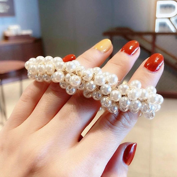 5 stk Elastisk Pearl Hår Tie Rep Hårring Hårbånd Hårtilbehør White