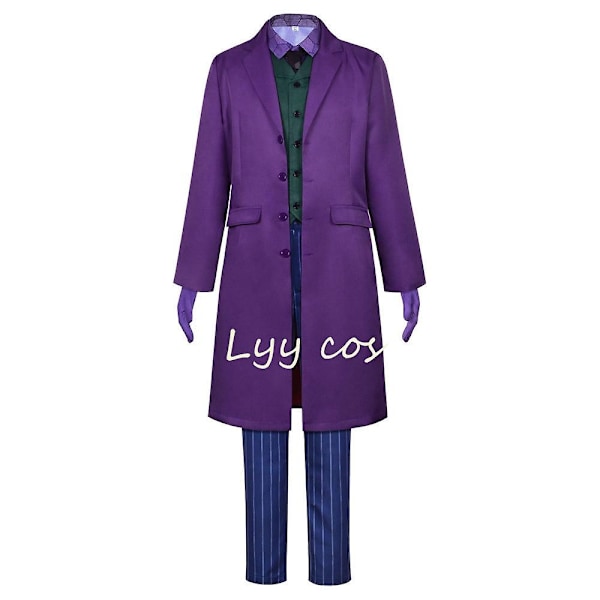 Heath Ledger cosplay-asu elokuvasta The Dark Knight Joker-asu violetti viitta täysi setti Halloween Joker-tuuli takki cos-WELLNGS S