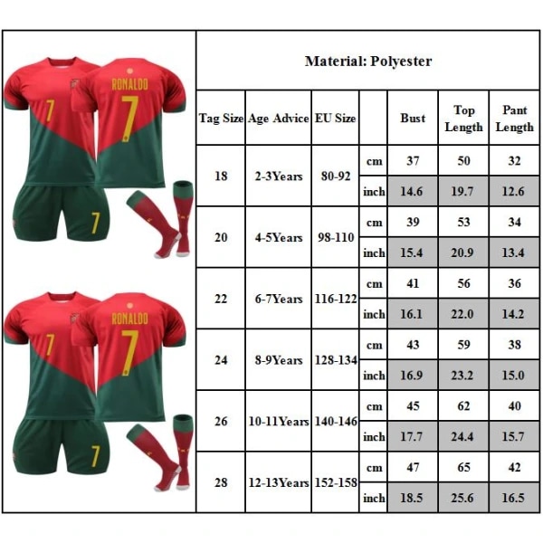 Barnfotbollströja, fotbollströja med nummer 7, Ronaldo fotbollsträningsuniform Storlek 24 Red+Green V Red+Green 24