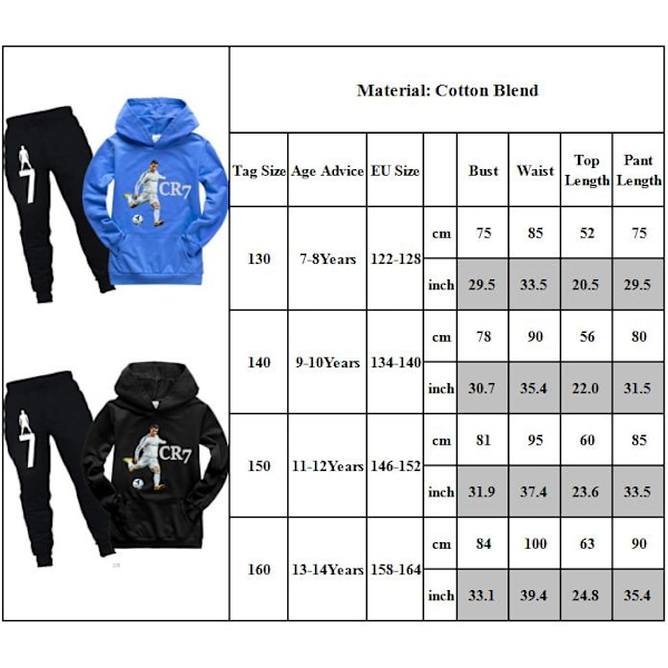 CR7 Ronaldo trykt treningssett Barn Gutter Jenter Genser med hette Sportsklær Royal blue V Royal blue 130cm