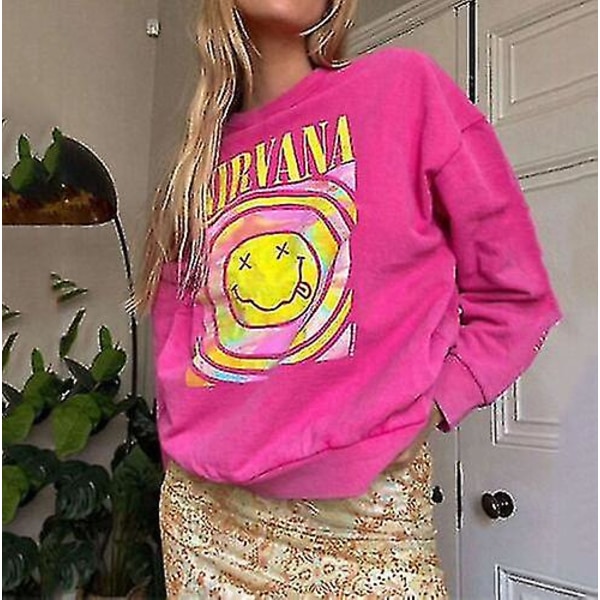 Nirvana Smiley Face Crewneck Sweatshirt Heliconia Color Nirvana Sweatshirt Present Pink M