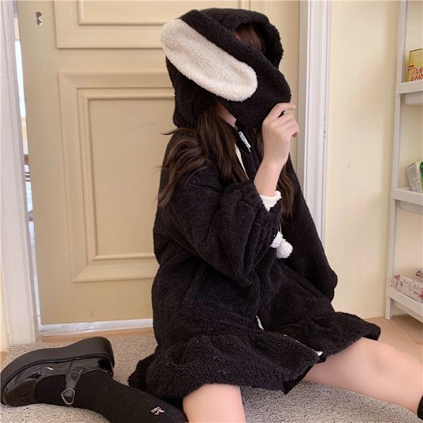 Damer Sød Bunny Ear Hoodie Fuzzy Fluffy Kanin Sweater Sweatshirt Pullover Toppe Langærmet Kawaii Jakke Frakker sort XL black xl