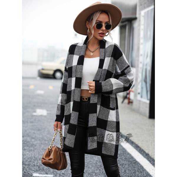 Mub- 2023 jakke løs ternet farveblok strikket cardigan mode sweater dame abrikos Z apricot M