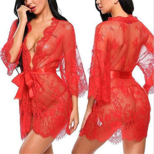 Kvinna Mode Transparent Spets Cutout Spets Sexig Nattlinne red XL