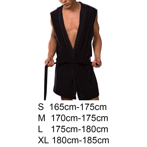 Silkeslen badrock för män Pyjamas Huvrock Sovkläder Ärmlös Black L