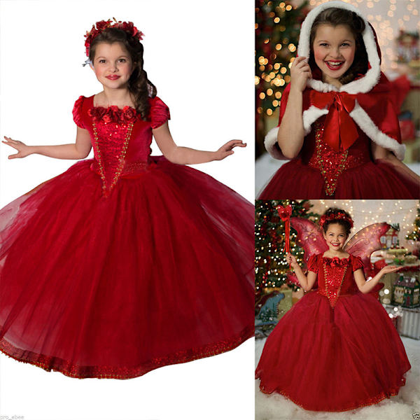 Frossen Elsa Princess-kjole med Kappe Pige Cosplay-sæt V red 5-6Years = EU110-116