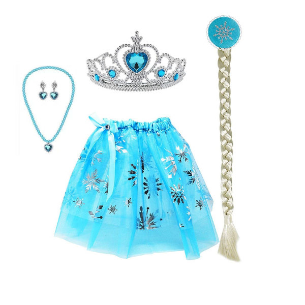Elsa prinsess-set Kjol, tiara, fläta, halsband och örhängen.