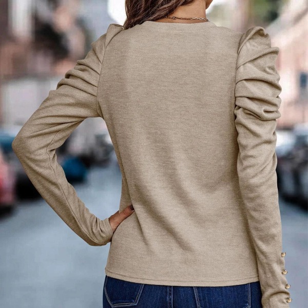 Women Puff Long Sleeve Top Crew Neck Button Decoration Loose Fit Casual Pullover Blouse Apricot XL