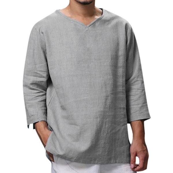 T-tröja med 3/4-ärm för män V-ringning Casual Basic enfärgad manlig skjorta för dejting Vardagsliv Grå L