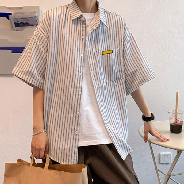 Herrrandig skjorta, trendig, casual, kortärmad, herrskjorta med knappar, vit, XL