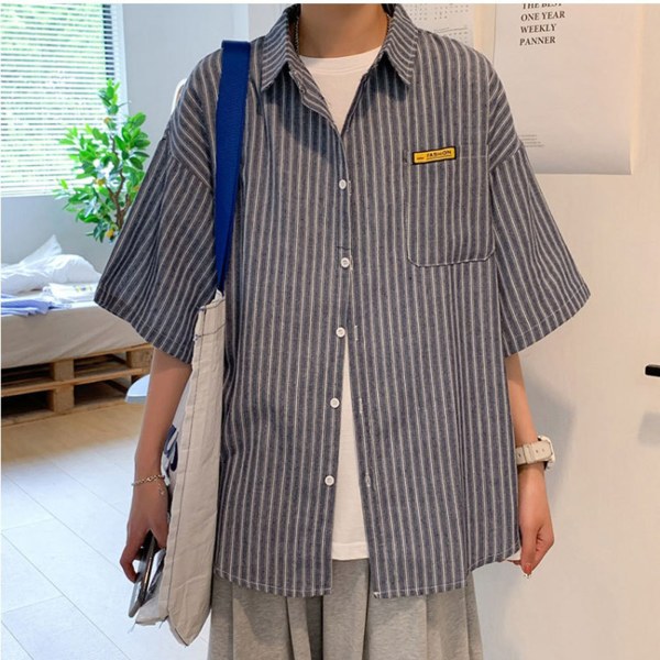 Stribet skjorte til mænd - Fashionable Casual Half Sleeve Men Button Down Shirts til sommer - Grå Blå XL