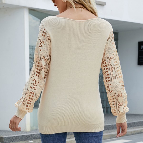 Dame Langærmet Trøje V-hals Blonder Patchwork Trøje Ren Farve Strik Pullover Trøje Abrikos M