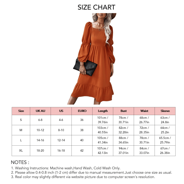 Kvinners lanterne ermer kjole firkantet hals elastisk rygg volang søm ren farge A-linje casual flytende kjole oransje L