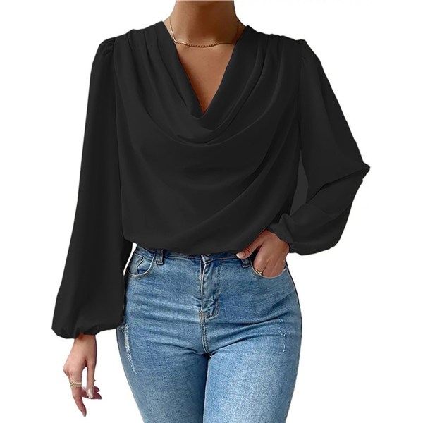 Woman Draping Crowl Neck Long Sleeve Shirt V Neck Pure Color Top Fashion Puff Sleeve Top Black 3XL