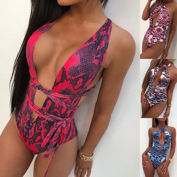 Women Summer Print One Piece Bandage Bikini Swimwear Sleeveless V Collar Swimsuit (Purple M)