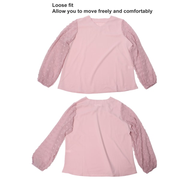 Damer Sommer Bluse Løs Rosa V-hals Lang Jacquard Lanterne Ærme Bluse til Kvinde Rosa XL