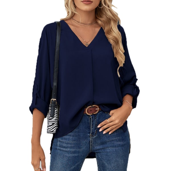 Bluse Langærmet V-hals Ren Farve Ruffle Rullede Manchetter Fashionabel Casual Top til Kvinder Mørkeblå M