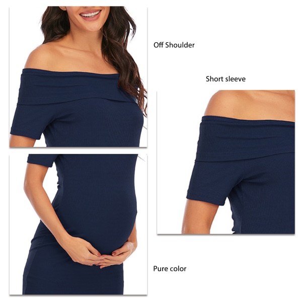 Gravidklänningar Off Shoulder Kortärmad Ren färg Mjuk Bekväm Fashionabla Slimfitta Damklänningar för Daily Blue XL