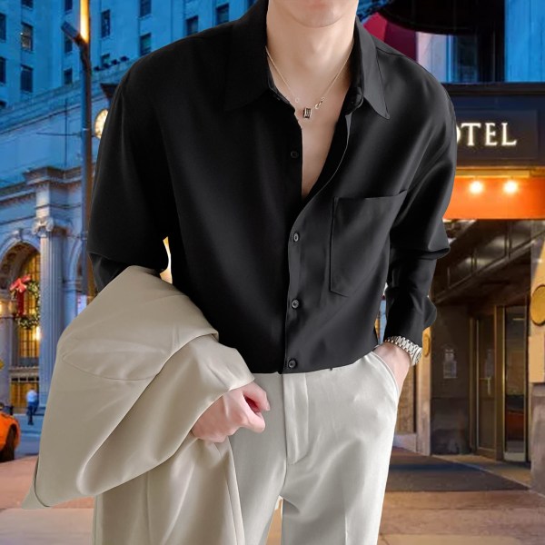 Men Long Sleeve Shirt Cotton Blending Button Down Turndown Collar Casual Shirt for Spring Autumn Black L