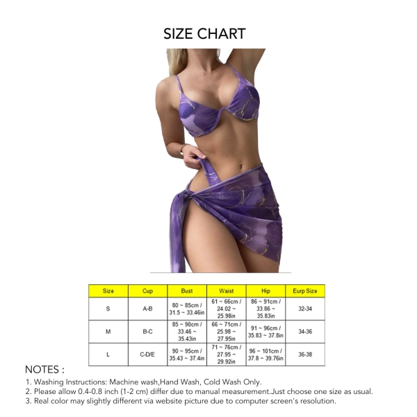 Kvinnors baddräkt 3 delar spaghettiband tryckt högt skuren cover up bikini baddräkt med sarong lila M
