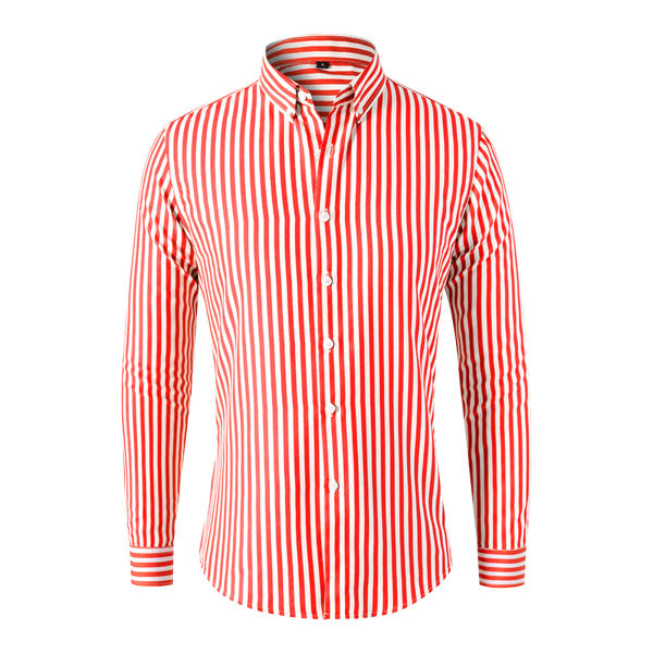 Male Stripe Shirt Front Pocket Turn Down Collar Business Button Up Tee Shirt for Summer Daily Life Red L