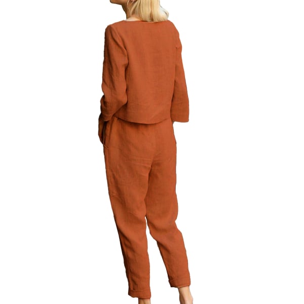 Kvinnor långa byxor Set Pure Color Rund Neck Långärmad Elastisk Midja Tvådelad Set Orange XXL