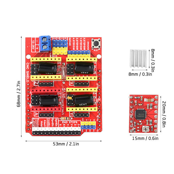 3D-skrivare CNC V3 Graveringsutbyggnadskort 3 st A4988 Drivrutinsmodul