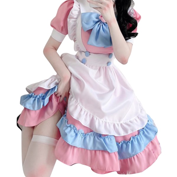 5PCS Maid-asu Anime Ranskalainen Maid Esiliina Fancy Dress Cosplay-asu Kissan tassu Pin Rusetti Solmiosetti Pinkki XXL