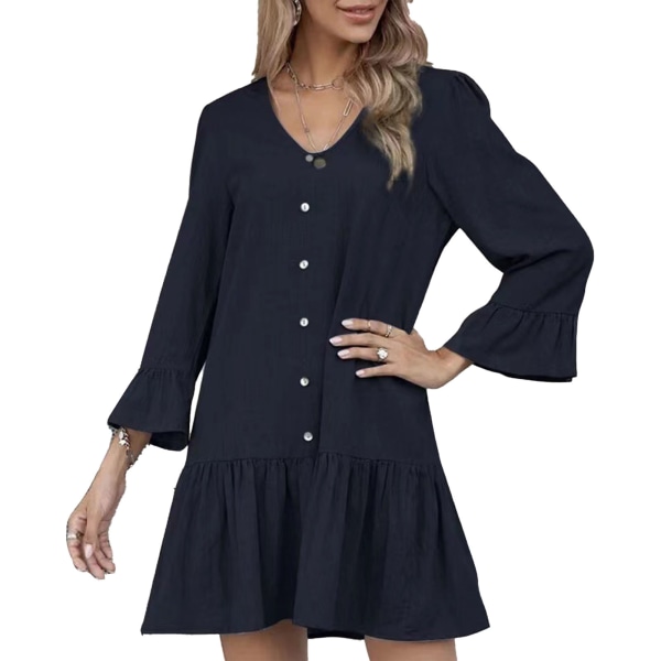 V Neck Button Dress Soft Fashion Casual Skin Friendly Breathable Long Sleeve Dress for Women Daily Shopping Navy Blue XXL