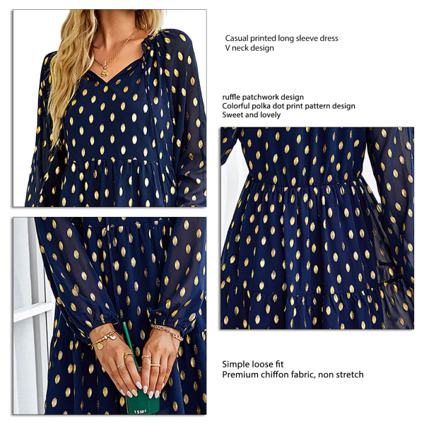 Womens Dot Chiffon Dress Fashionable Casual Waist Slim Fit Long Sleeve Polka Dot Dress for Spring Autumn Dark Blue S