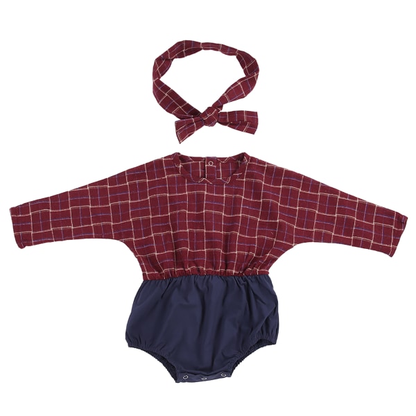 Nyfödda baby Flickkläder Rutad bomull Jumpsuit med pannband (mörkröd, 66)