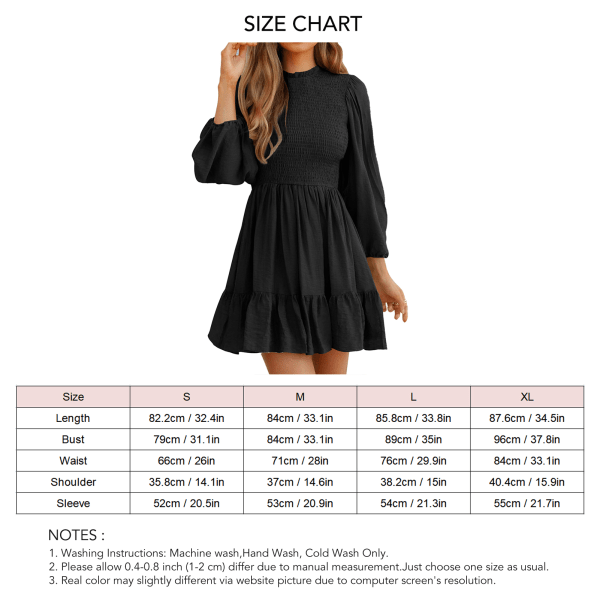 Women Round Lace Neck Dress with Elastic Waist Lantern Long Sleeve Dress for Spring and Autumn Black M