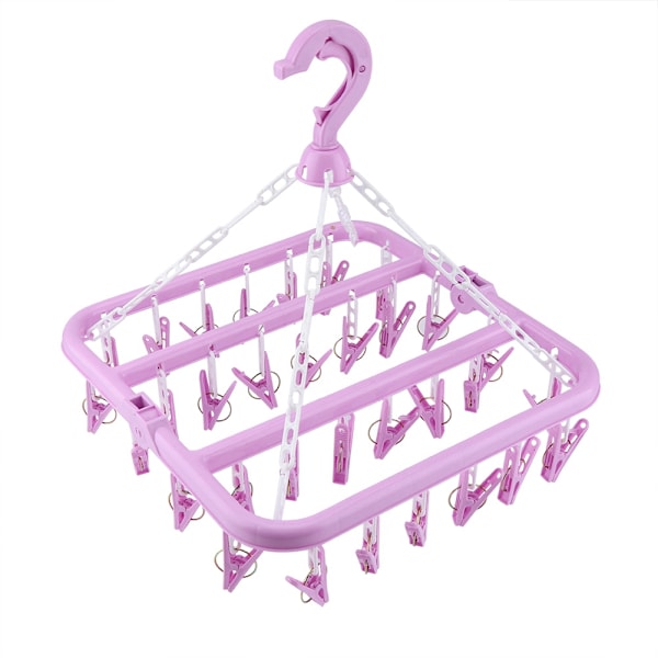 32 Clips Folding Clothes Hanger Dryer Windproof Socks Underwear Drying Rack Children (Purple)