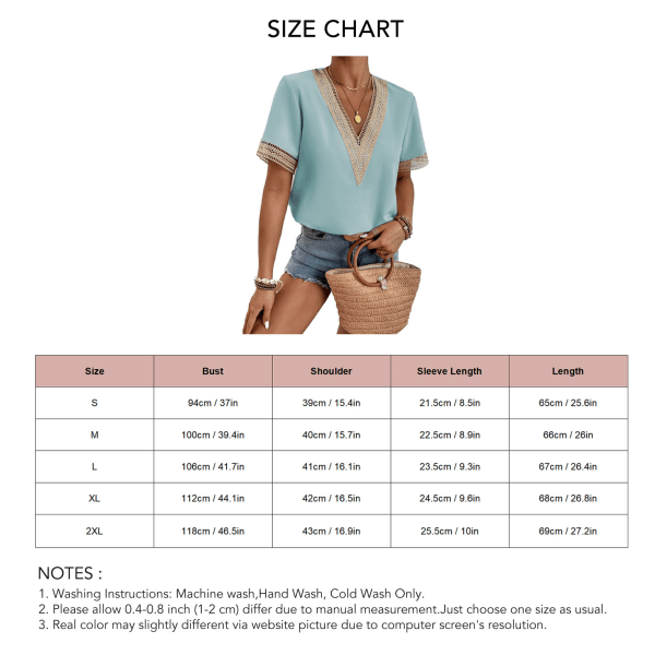 Short Sleeve V Neck Top Women Elegant Fashionable Loose Casual Lace Crochet Shirt Blouse for Dating Light Blue L