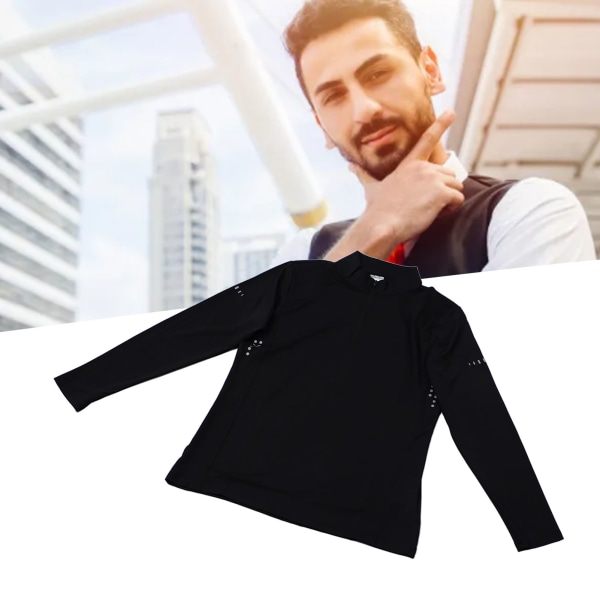 Long Sleeve Workout T Shirt Men Quick Dry Dot Reflective Stand Collar Zipper Gym Sports Running Top Black XXL