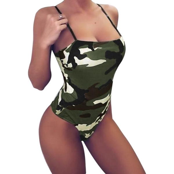 Sexig dam one-piece kamouflage spaghettiband baklös bikini badkläder baddräkt (grön XL)