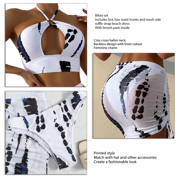 Kvinners Criss Cross Halter Bikini Svømmedrakt Sett Moteriktig Uformell Tie Dye 3 Delers Svømmedrakt med Strandsjørt Svart Hvit M